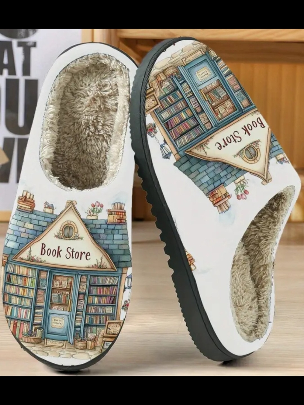 Book Store Cozy Slip-On Slippers - White with Blue & Tan Illustration